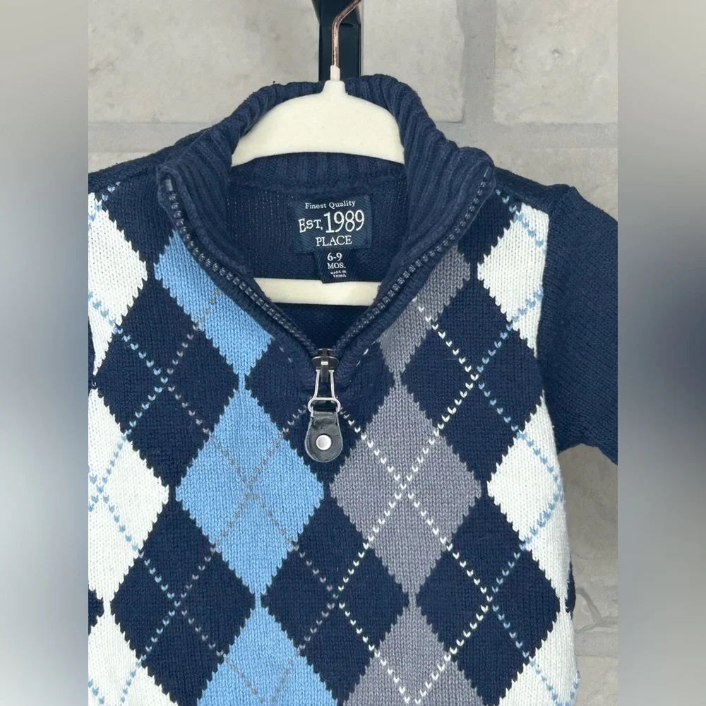 The Children’s Place 6-9 months Front Zip Argyle Preppy Collegiate Sweater